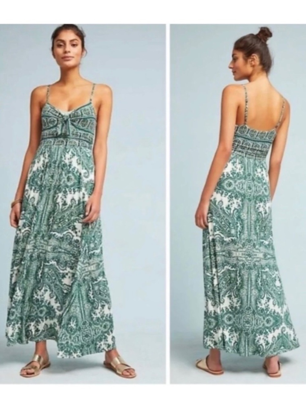 Green Paisley Maxi Dress with Spaghetti Straps